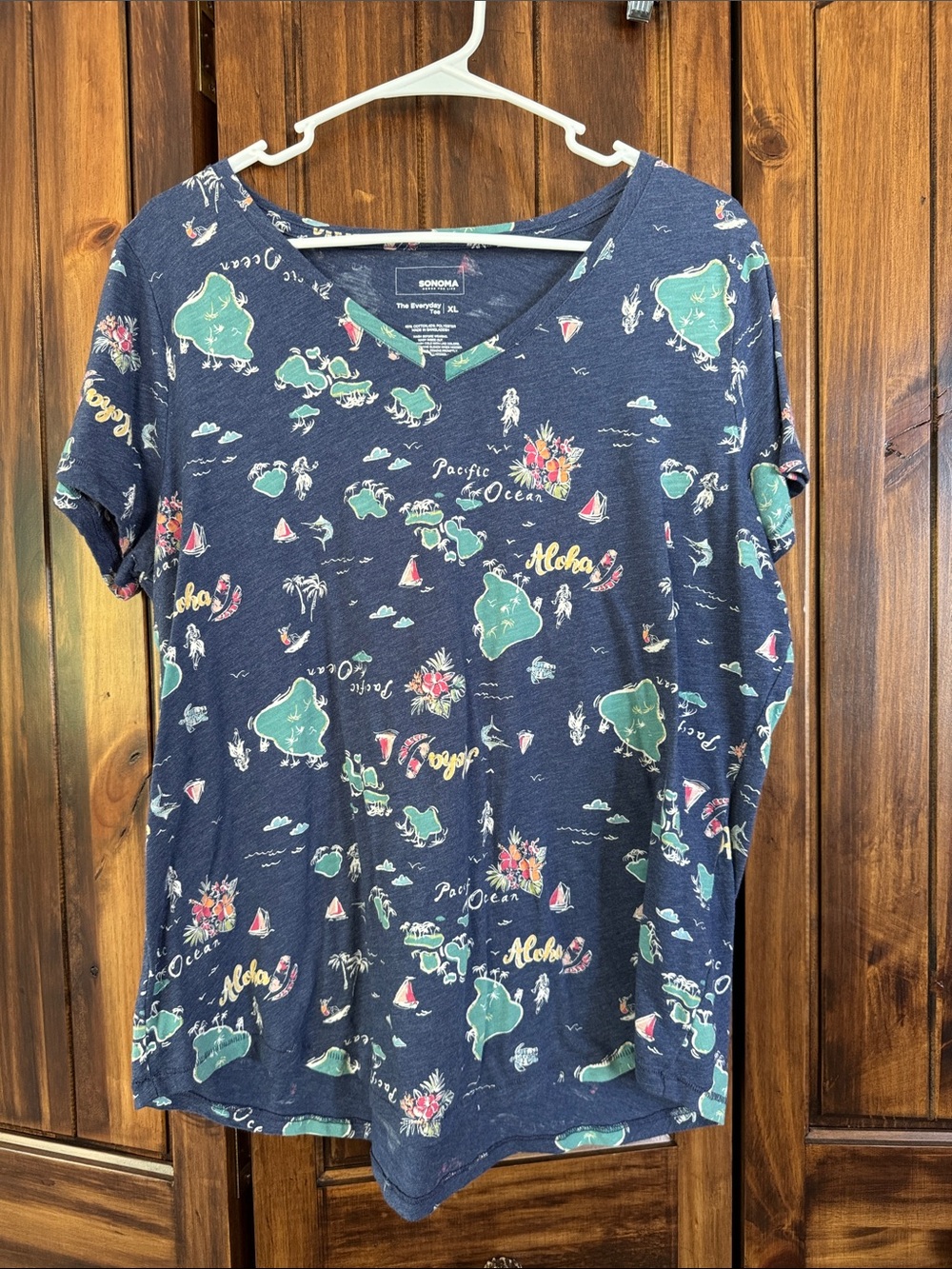 Sonoma Navy V-Neck Tee with Teal & Coral Aloha Print
